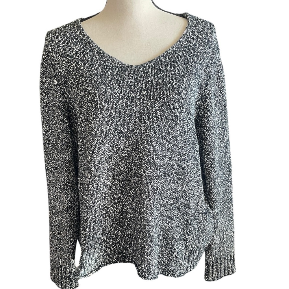 Eileen Fisher Black and White Wrapped Cotton Scoop Neck Pullover Sweater Large